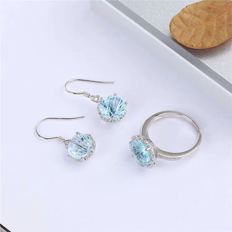 

crystal gemstone jewelry wholesale 925 sterling silver 18k white gold plated natural blue topaz earring ring set for women