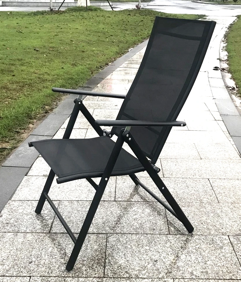 7 Position Adjustable Steel Textilener Teslin Sling Iron Metal Modern Outdoor Recliner Black Foldable Patio Garden Folding Chair