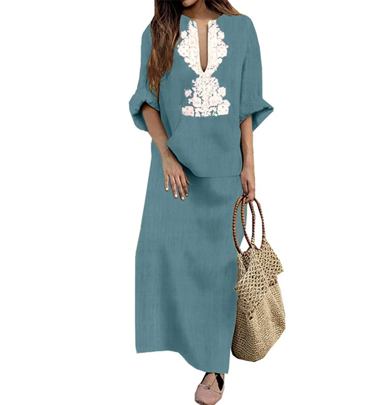 

Women dress Retro Casual Dresses Loose Deep V-neck Cotton linen long sleeve Long Maxi Dress with Pocket, Pink;blue;yellow;gary