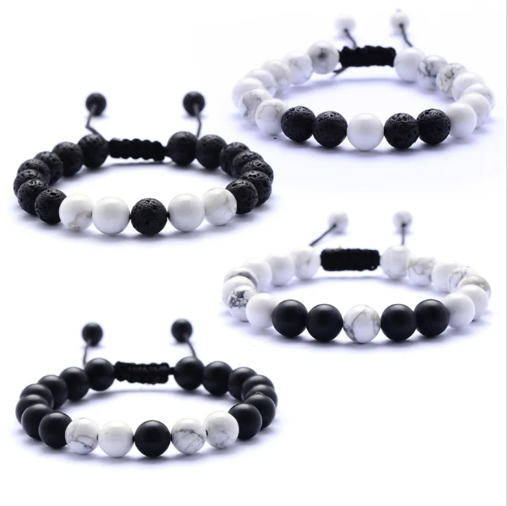 

Natural Lava Stone/Black Matte Onyx/White Howlite Stone Bead Bracelet Braided rope Bracelets for Men Women, Black white