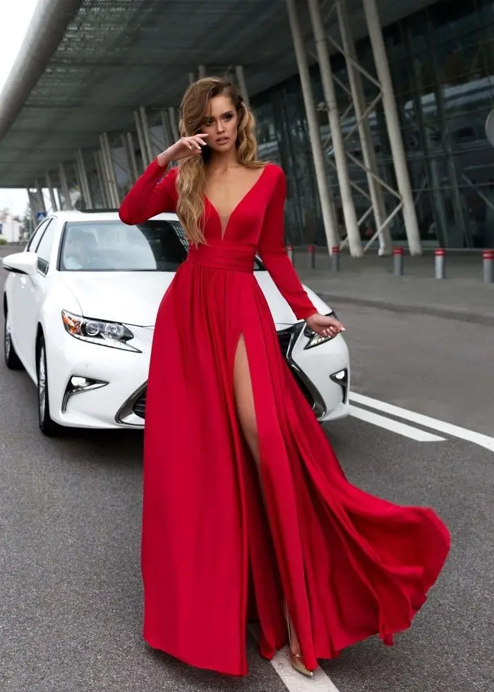 2019 Euramerican foreign trade hot sale new style dresses hot style sexy deep V-neck long sleeve prom dresses ball-gown skirt