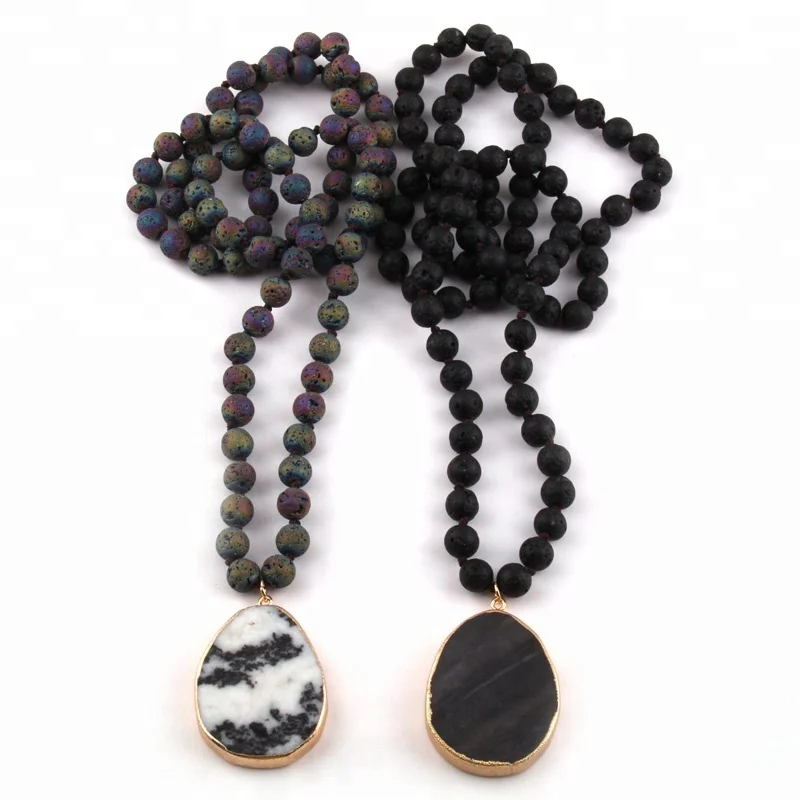

Fashion Women 8mm Black & Multicolor Lava Stone Necklace Black White Pattern Drop Pendant Necklace, 2 color