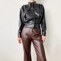 

Korean Style Girls Real Lambskin Leather Shirt Spring Unique High Street Design Leather Blouse Ladies Leather Short Jacket