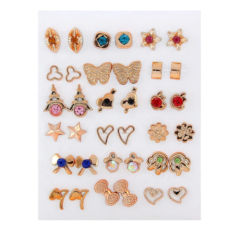 

18 Pairs Gold geometric Colorful Rhinestone Hollow Flower Cute Bear Animals Mix Style Stud Earrings Set For Women Girls Jewelry, Golden