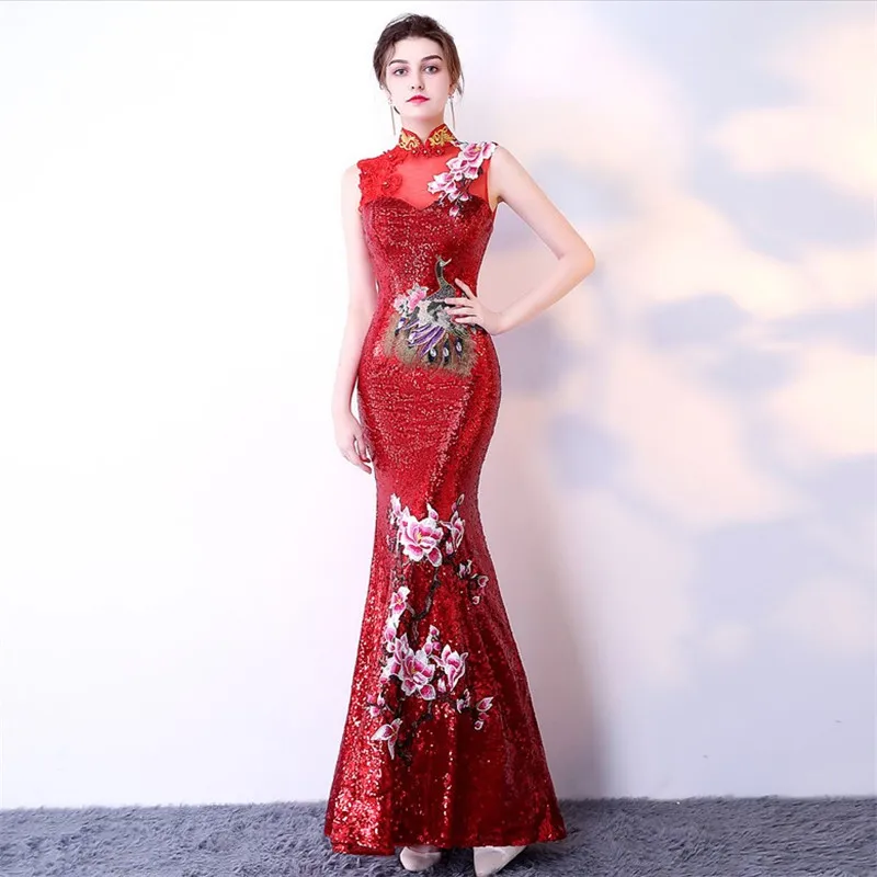 

2019 fashion 5 colors cheongsam high neck wedding embroidered peacock mermaid fish tail sequin glitter evening dress