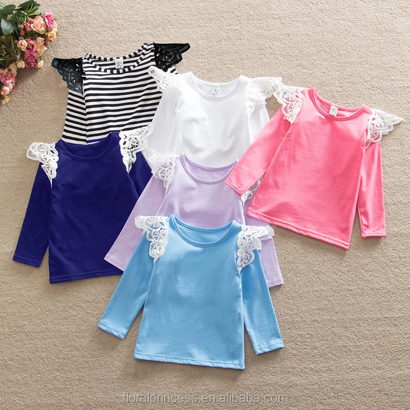 

Spring Autumn Baby Girl Clothes White Lace Flutter Sleeve Tops Candy Colot Baby Girl Tees Kids Long Sleeved T-shirt, As picture