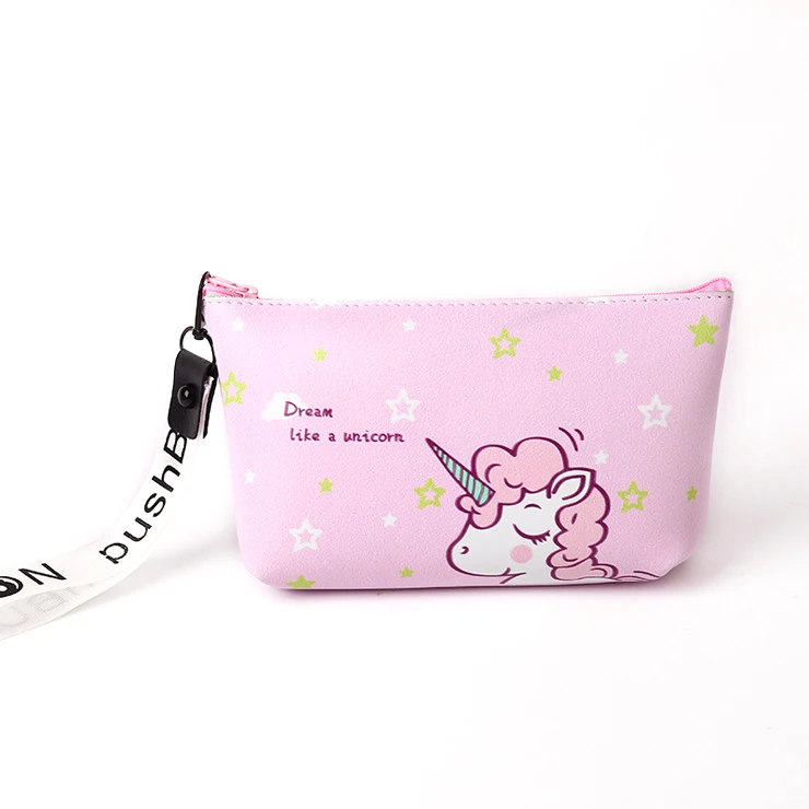 

Cheap Small Cute Light Pink PU Leather Make Up Bags Cartoon Unicorn Makeup Pouch Case Cosmetic Bag For Girls, White/customized