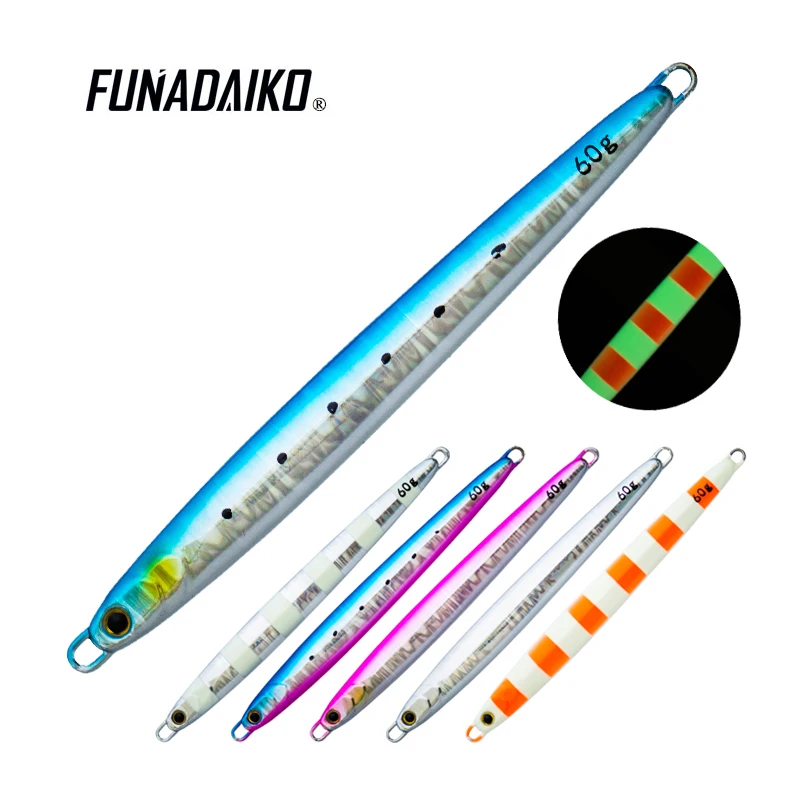 

FUNADAIKO 20g 30g 40g slim metal jig lure lead jig slow jigging lure luminous fishing lures fishing 60g, Colorful