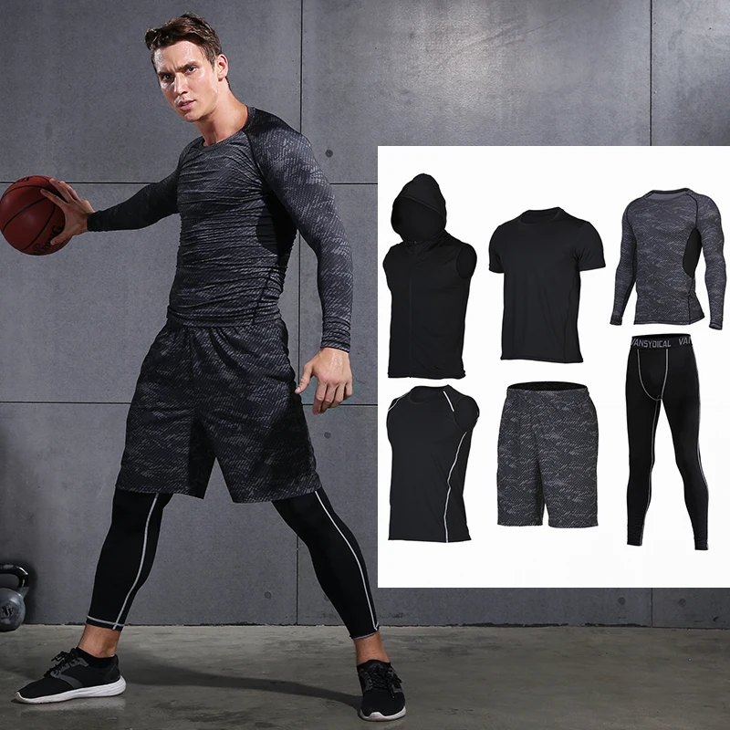 

Mens Bodybuilding Gym Clothes Sports Skin Tight Hoodie Tank Shirts Shorts Leggings Six Pieces Compression Suit, Accept custom made color