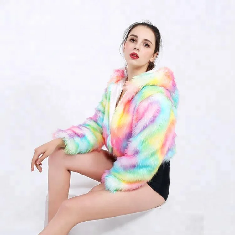 

2018 Hot Fashions Halloween Rainbow Flashing LED Light Outwear Faux Fur Coat