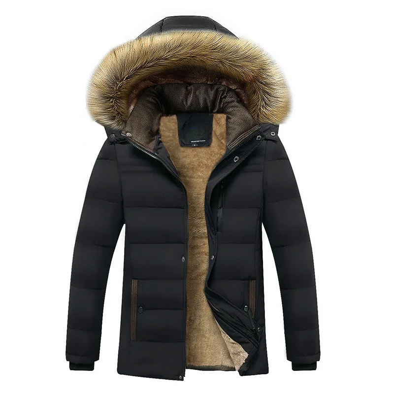 

latest winter design polyester thick fleece thermal windproof plus size middle aged men down coat with detachable hat, Black;dark blue;khaki