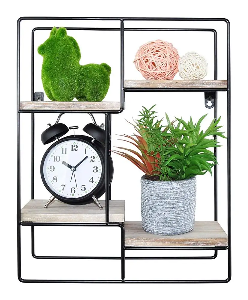 
Spiretro Wall Mount Rectangle Metal Floating Shelf, Storage Rack, Rustic Torched Wood with Espresso Modern Bracket to Organize D 