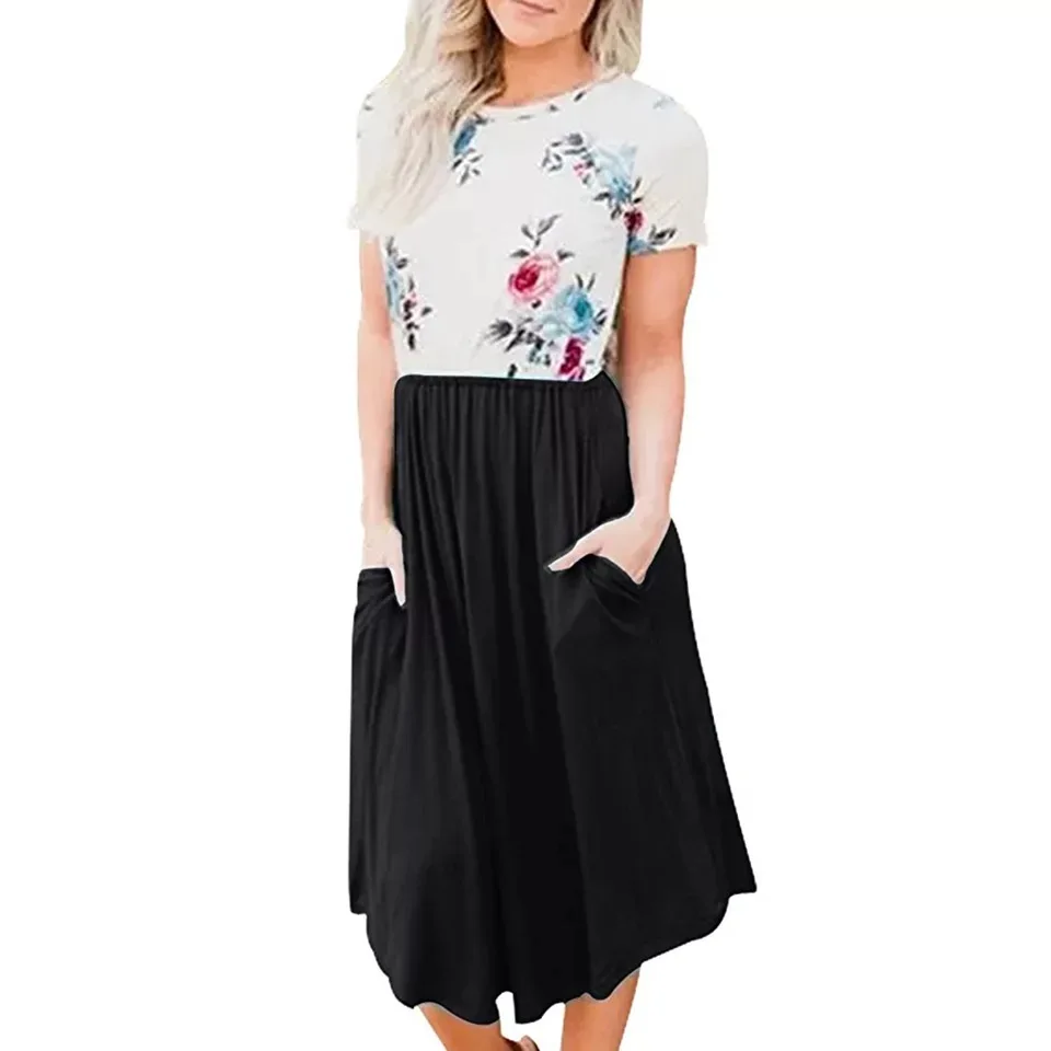 

C36 High quality 95%cotton floral pocket knee dress 2018 Summer Dress Print Formal Casual Women Dress Cotton European Style Cl, N/a