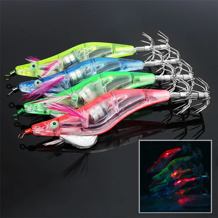 

YOUME New LED Electronic Luminous Shrimp Lure Squid Night Fishing Squid Jigs Lures Bass Bait Fish Tackle Accessory, 4 colors