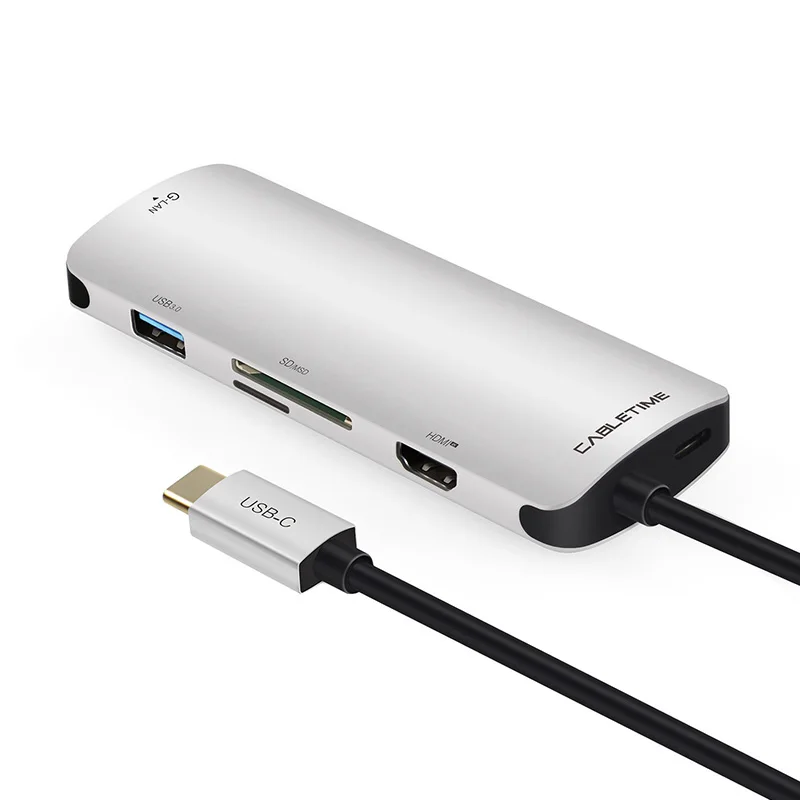 

CABLETIME USB C Hub 6 Port HDMI 4K@60Hz USB3.0 PD Ethernet Network Card Reader SD TF USB Type C Hub