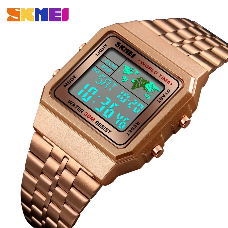 

Skmei 1338 hot selling stainless steel whristwatch world time luxury men's digital watch, Silver;rose gold;gold;black;coffee gold