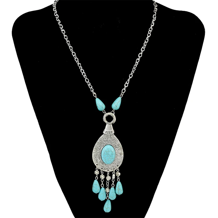 

African Vintage Style Silver Alloy Drop Turquoise Gemstone Pendant Necklace