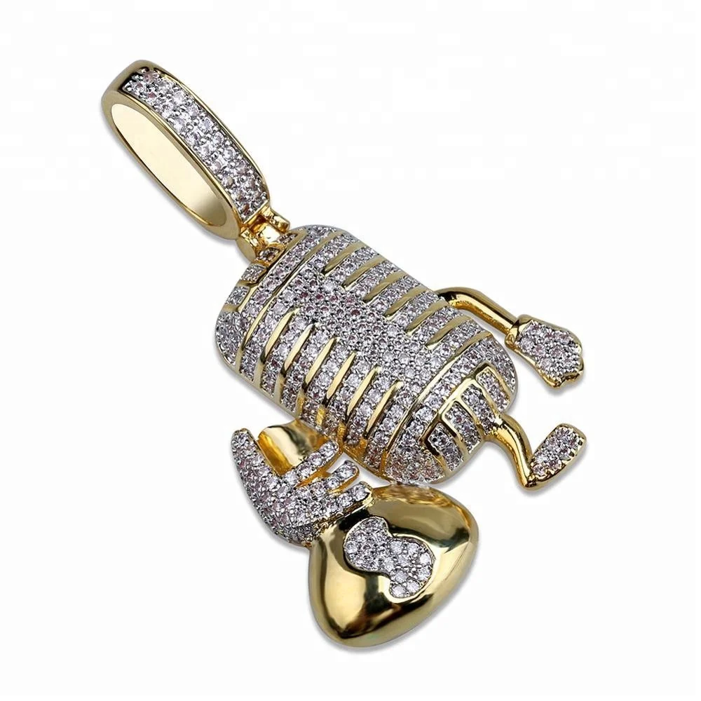

New Microphone Holding Money Bag Iced Out gold silverPendant Necklace