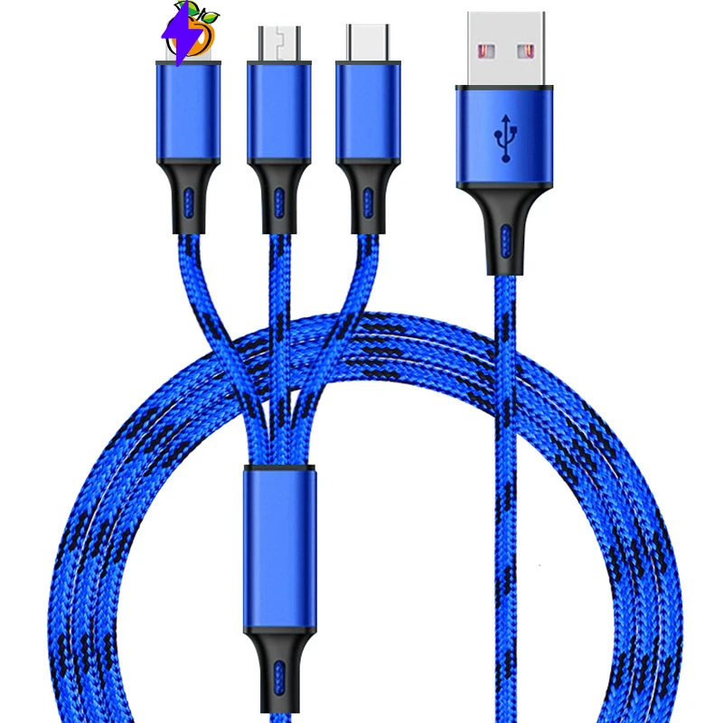 

Durable Nylon Braided 2.8A Fast Charging 3 in 1 USB Cable for Android IOS Phone, Gold red black blue