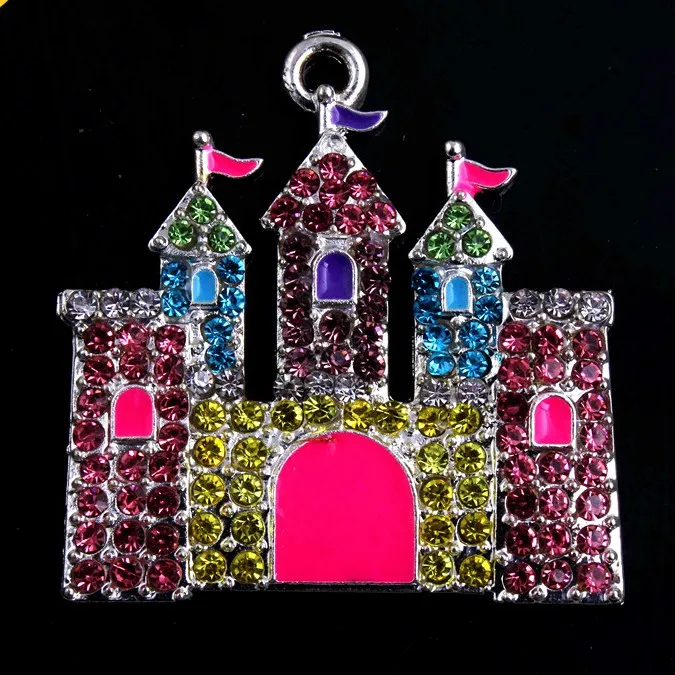 

RP-092 Castle Crystal Rhinestone Chunky Pendant Charms for Kids Necklace Bubblegum Jewelry 36x37mm