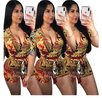 

PB8276 New fashion V neck printed women jumpsuits and rompers with belt