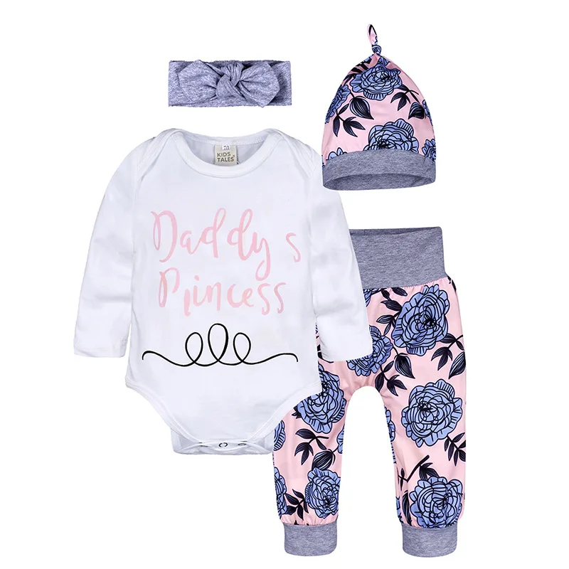 

Cheap wholesale daddy's princess 4pcs baby girls romper Milk Wire/Cotton long sleeve clothes set