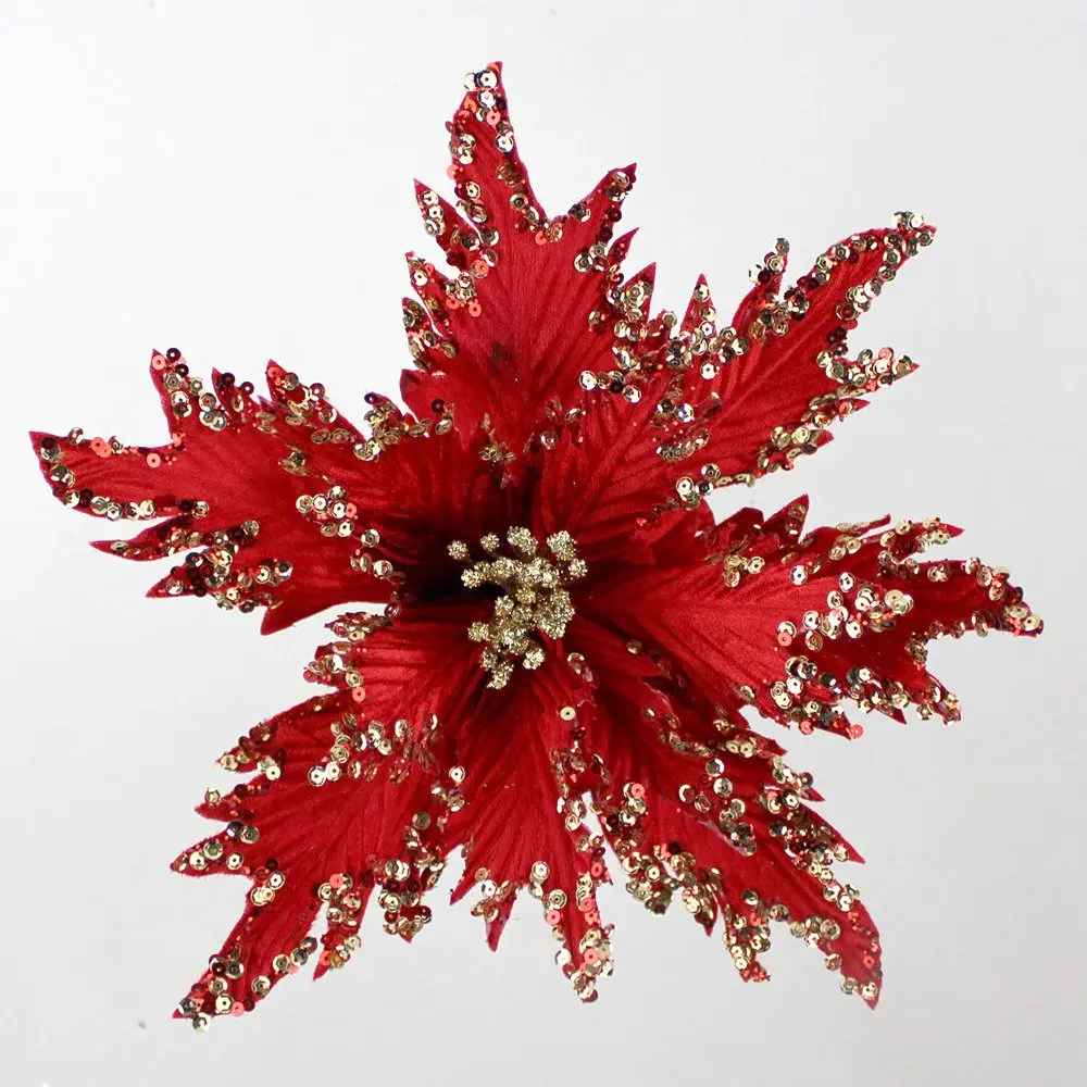 Christmas Poinsettia Flowers Picks With Glitter For Christmas Tree