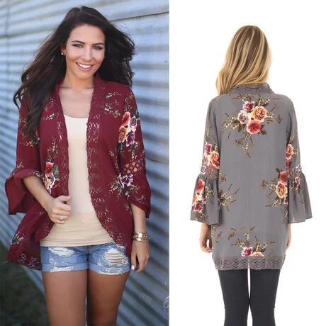 

Women Long SLeeve Lace Floral Open Cape Casual Coat Loose Blouse kimono Cardigan, As picture