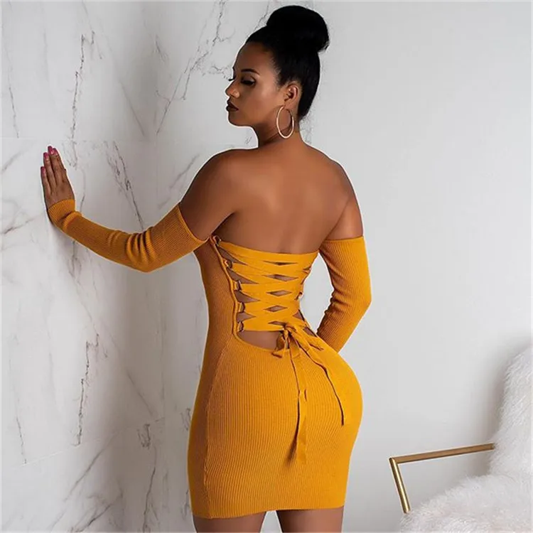 Hot Sale 2019 new sexy bandeau strap dress European and American nightclub women's long sleeves dew backpack party dresses women