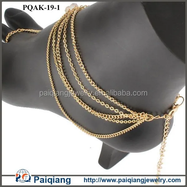 
Gold Metal Chains Crystal Beads Layered Anklet With Toe Ring 