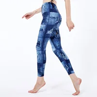 

Elastic Waist Spandex 3d Denim Print Ripped Jeans Look Jeggings Leggings for Women