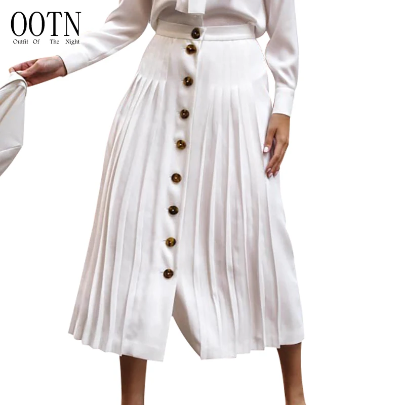 

OOTN 2019 Ladies Solid Autumn Female Buttons Ruffle Office Skirt, Winter Pleated High Waist White Skirt, Women Long Party Skirt