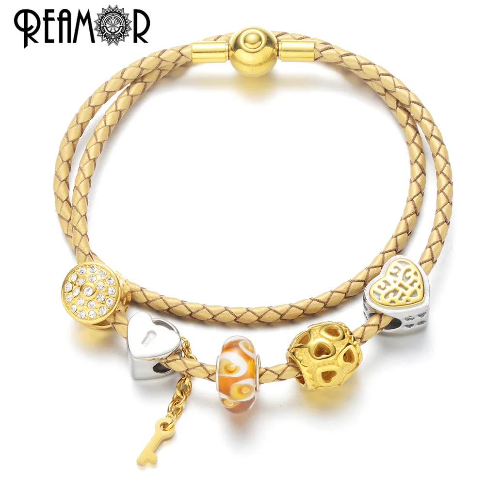 

REAMOR Luxury Heart DIY Charm Bracelet Gold Love Key and Lock White CZ Beaded Charm Bracelet for Women Jewelry Christmas Gift