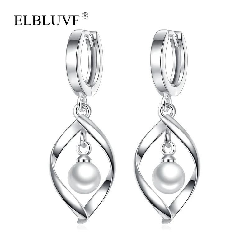 

ELBLUVF Free Shipping Women 925 Silver Plated Copper Alloy Jewelry Wave Pearl Earrings, White gold