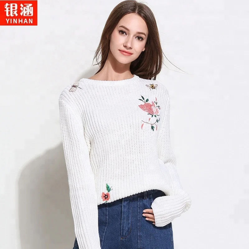 

wholesale casual long sleeve sweater 2018 women embroidered sweater ladies western style knitted sweater, White-dragonfly;black-dragonfly;white-bird;black-bird