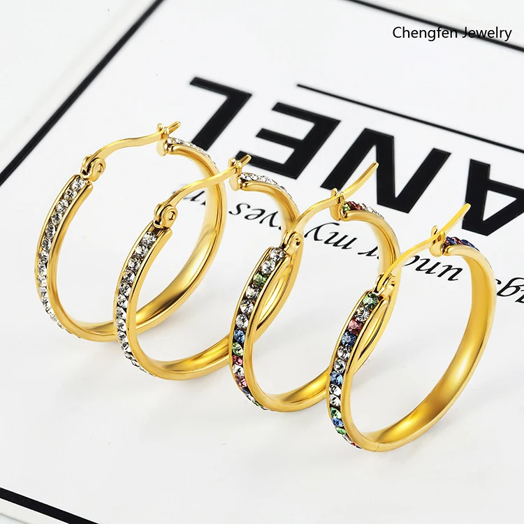 

Jewelry Whole Sale China Earring Jewelry Stainless Steel Big Circle Hoop Earrings Filled with Rhinestone Earrings Women, 18k gold plated