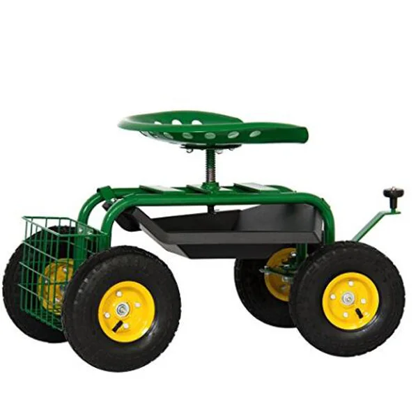 4 Wheel Heavy Duty Garden Cart Rolling Work Seat With Tool Tray