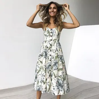 2018 Hot Sell Uk Holiday Strap Button Perinted Flora Summer Long Beach Dress For Womens Stock Wholesale Sunflower Dress Buy Summer Dress For Mature