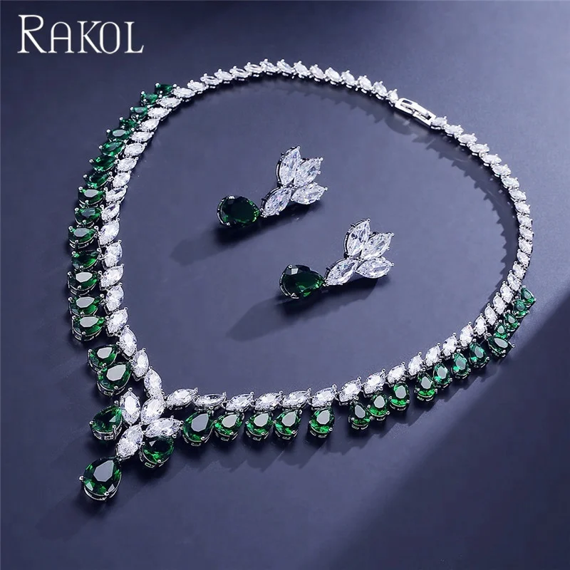 

RAKOL New Women Anniversary Jewelry Sparkling Green Teardrop CZ Zircon earrings Jewelry Set S306, As picture