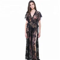 

SFY857 China supply In Stock Plus Size Delicate Black Lace Long Sexy Transparent dress lingerie Nighty For Honeymoon