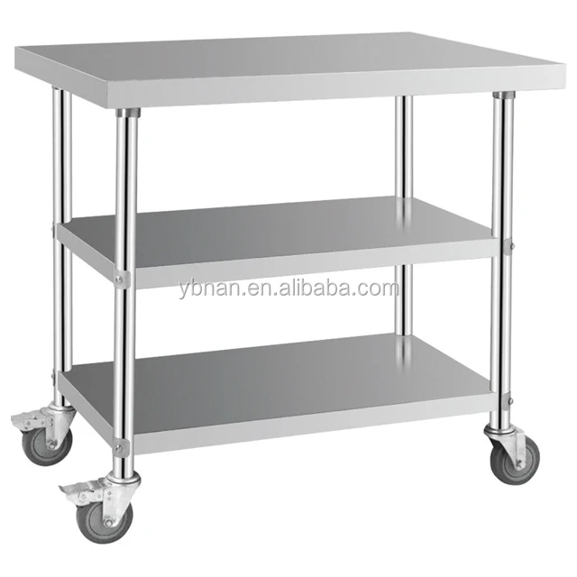 Multi Size 3 tiers Kitchen Worktable with Wheels Stainless Steel Movable Worktable