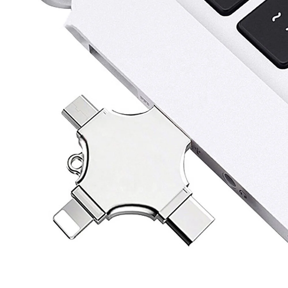 

2020 hot-sale 4 in 1 multi-function OTG usb flash drive 3.0 for Type-C /Lightning/ Micro USB/ computer with customized logo, Black/silver