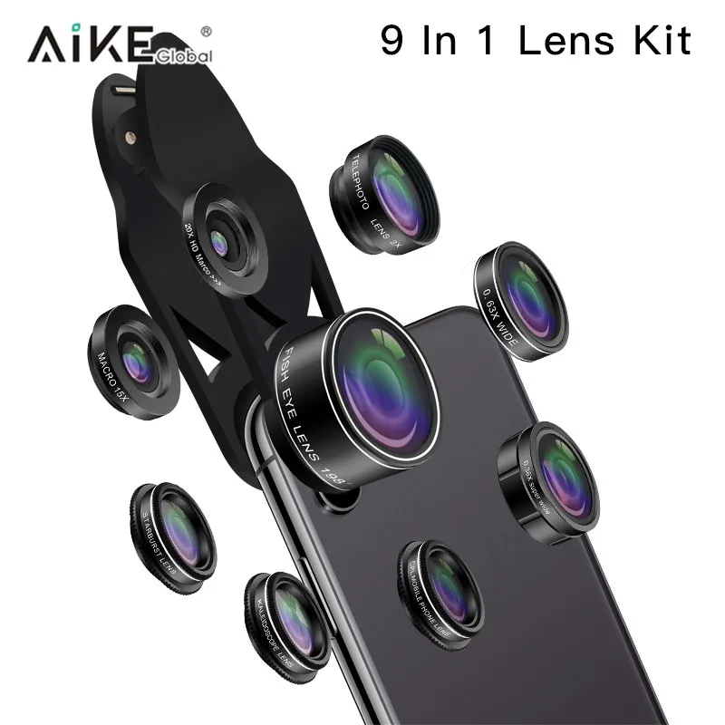 

Amazon top seller 2018 phones mobile android dslr fisheye zoom starburst 9 in 1 lens kit for note 8 phone, Black;grey and passion pink