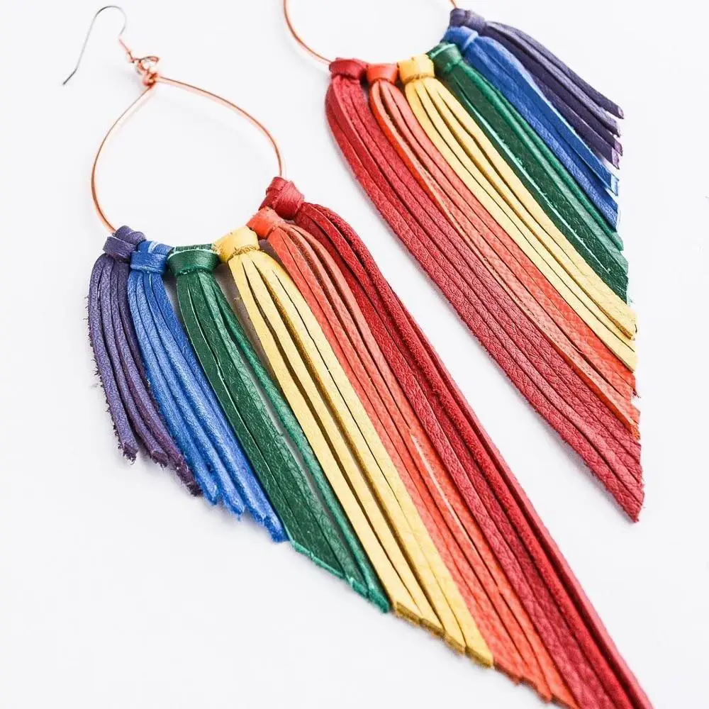 

Barlaycs 2019 New Fashion Statement Bohemian Colorful Gold Plated Long Leather Tassel Earrings for Women Ladies Jewelry