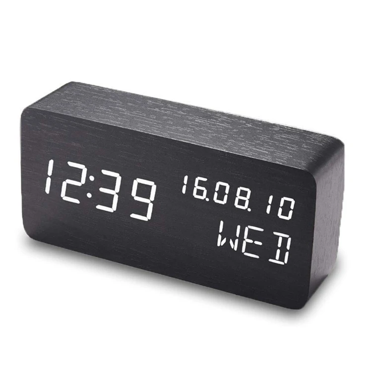 

Temperature Display Desktop Clock Digital LED Wooden Alarm Clock, White wood;black wood;brown wood;sandal wood