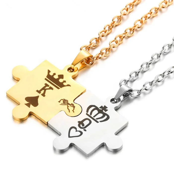 

Couple puzzle matching shape romantic jewelry laser engrave K & Q and crown latest stainless steel couple necklaces lover, Silver and gold