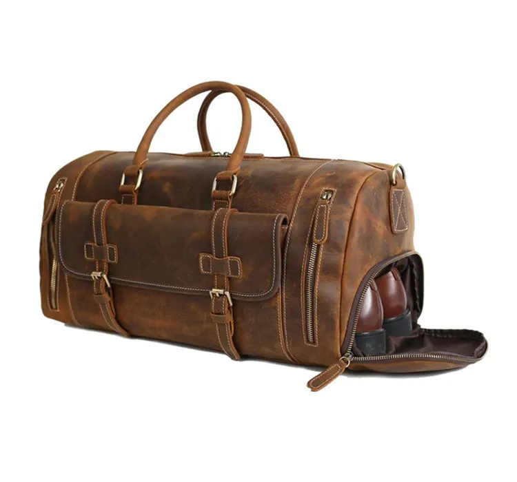 

Top Quality Vintage Brown Leather Duffle Bag with Shoes Compartment Travel Bag