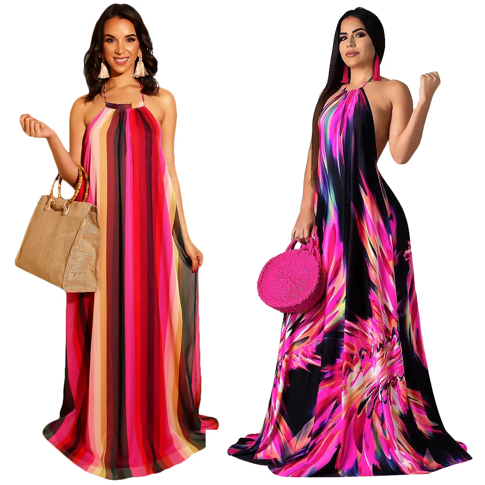 

2019 New Arrivals Summer Sleeveless Halter Long Maxi Dress Printed Stripe Backless Beach Dress, N/a