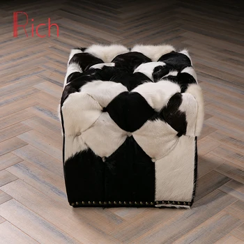 Small Upholstered Footstool Decorative Square Stool Patchwork Fur