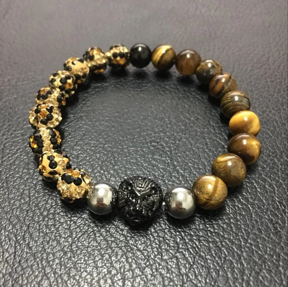 

Stainless Steel Jewelry Lion Tiger Eye Stone Cheetah Leopard Crystal Paved Men Bracelet